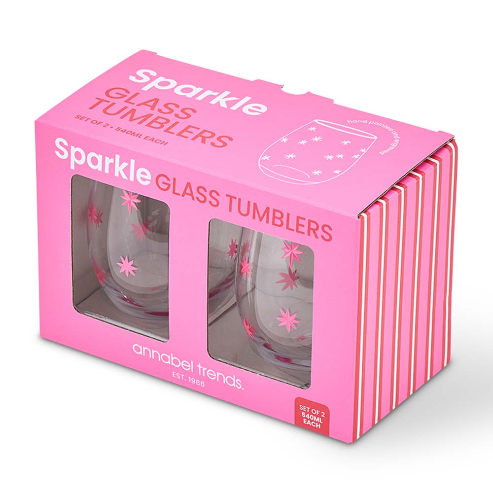 Packaging of Sparkle Glass Tumblers with pink design and clear tumblers inside.