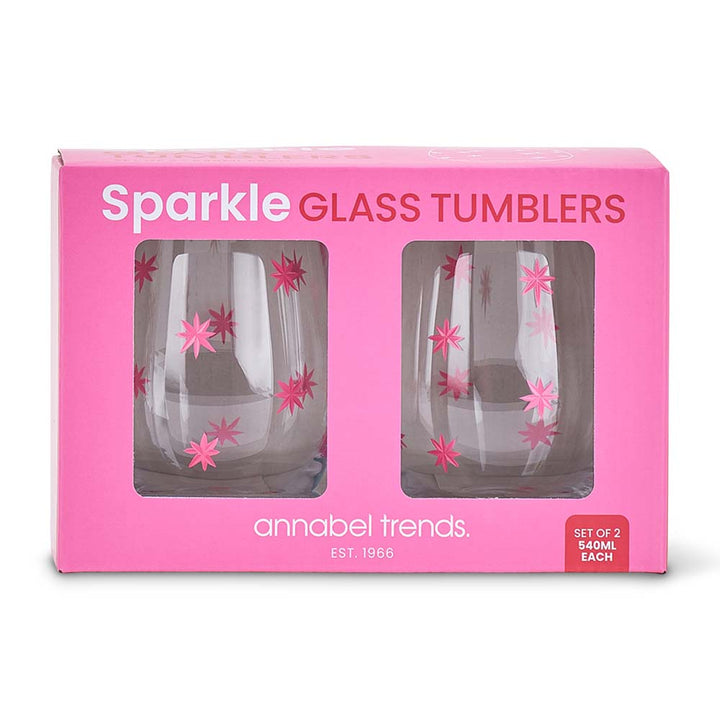 Packaging of sparkle glass tumblers with pink stars on a white background