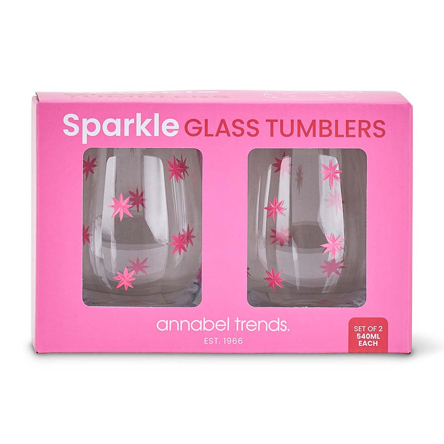 Packaging of sparkle glass tumblers with pink stars on a white background