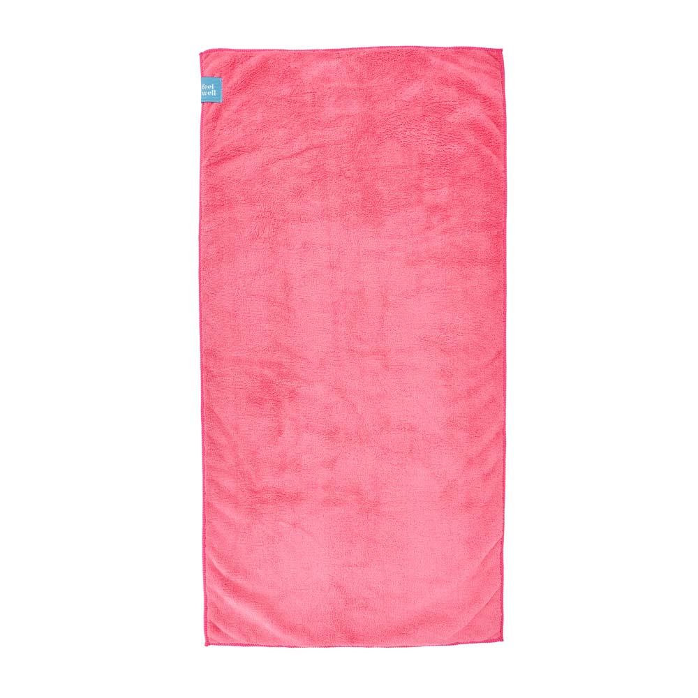 Pink towel with a blue label on a white background