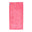 Pink towel with a blue label on a white background