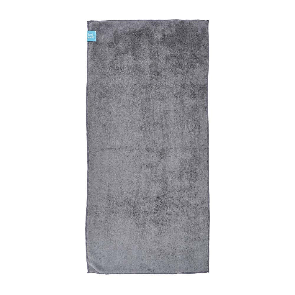 Gray towel with a blue tag on a white background