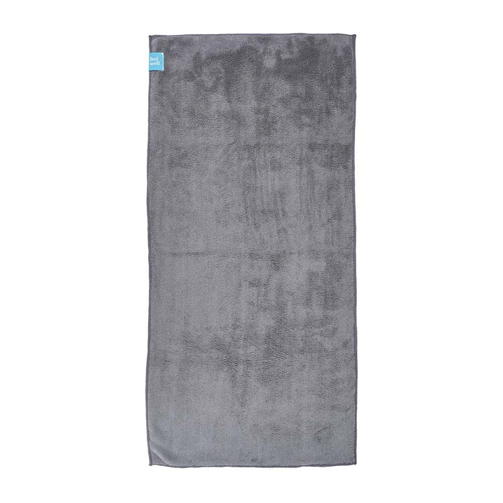 Gray towel with a blue tag on a white background