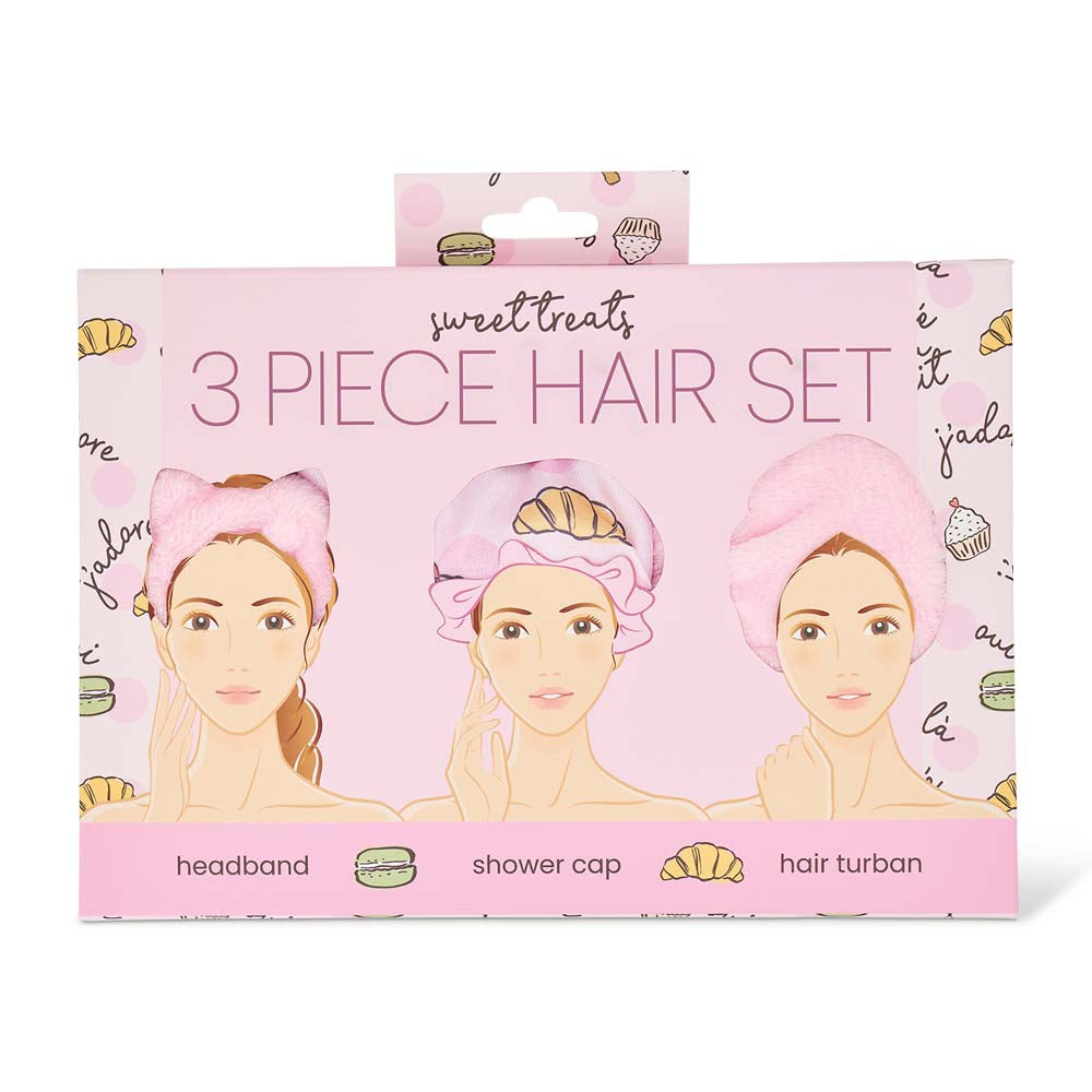 Box of 'sweet treats' 3-piece hair set with illustrations of a woman wearing a headband, shower cap, and hair turban.