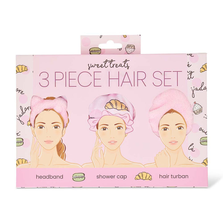 Box of 'sweet treats' 3-piece hair set with illustrations of a woman wearing a headband, shower cap, and hair turban.
