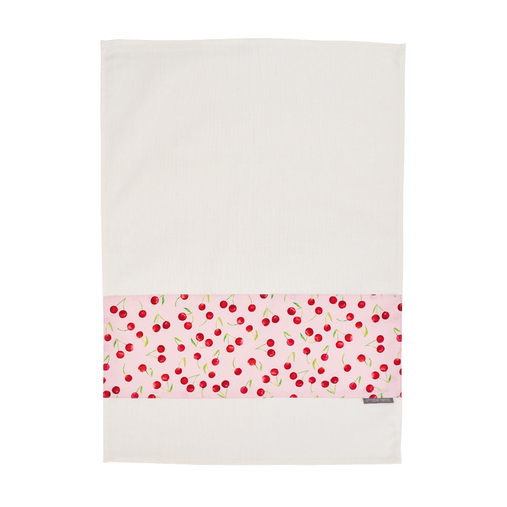 white tea towel with cherry detailing