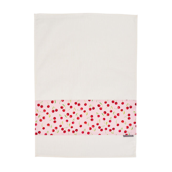 white tea towel with cherry detailing