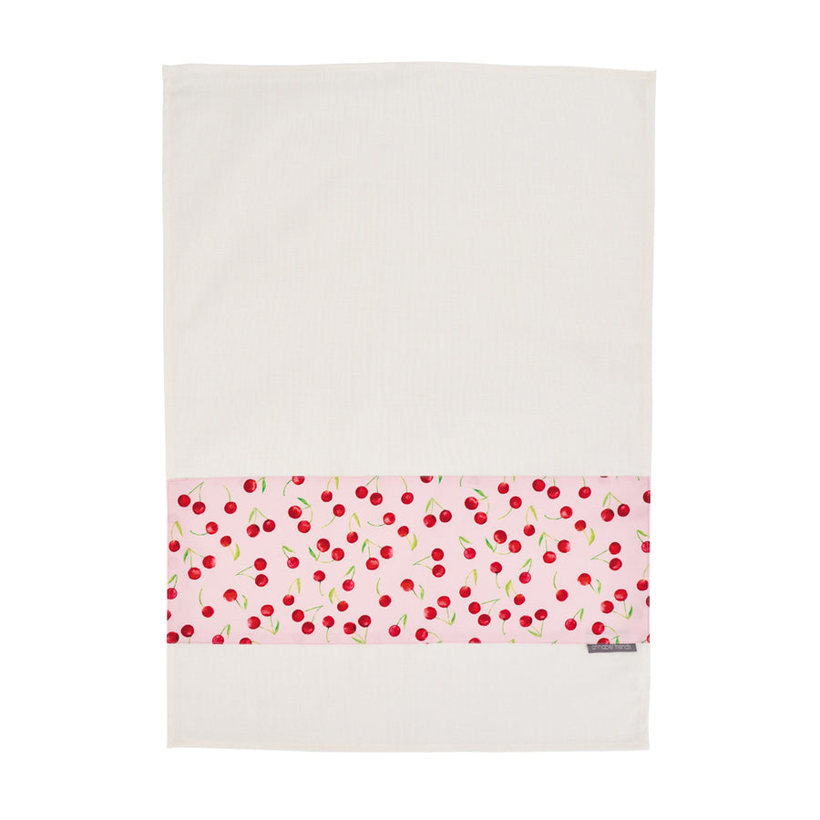 white tea towel with cherry detailing