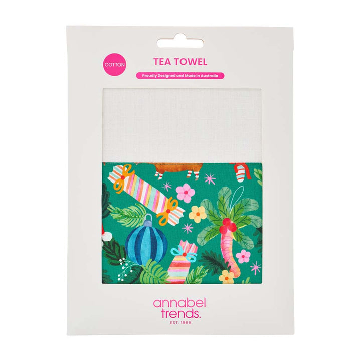 green christmas print on tea towel