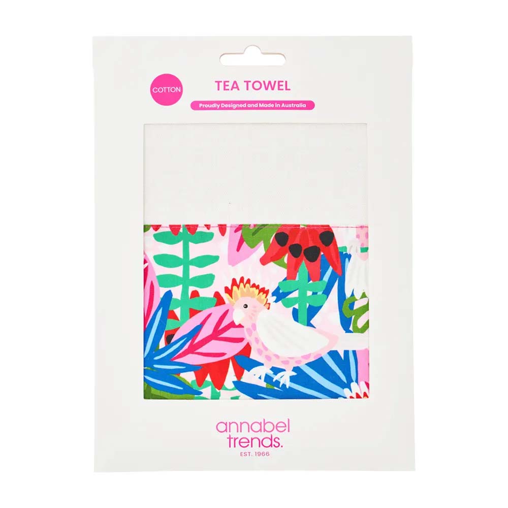 Packaged tea towel with colorful design and 'annabel Trends' branding on a white background
