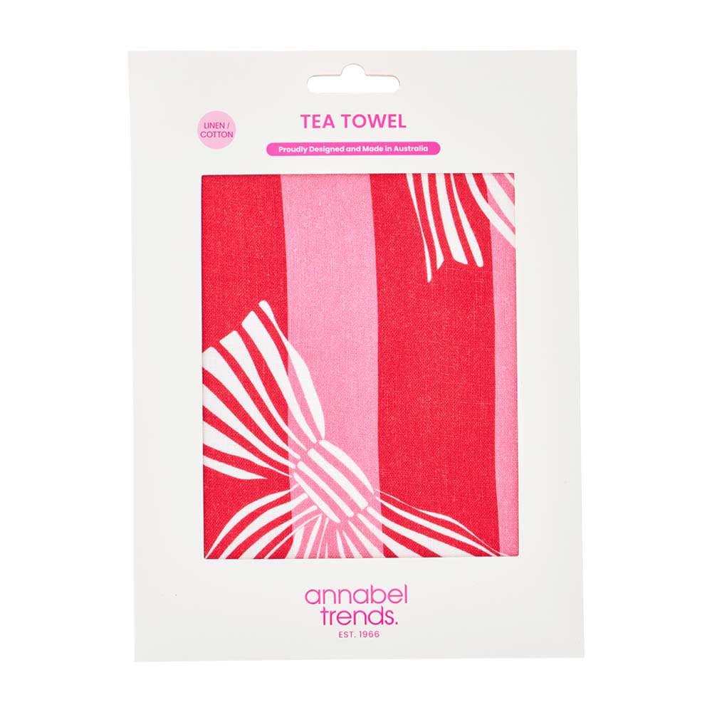 Tea towel packaging with red and pink design and 'annabel Trends' branding.