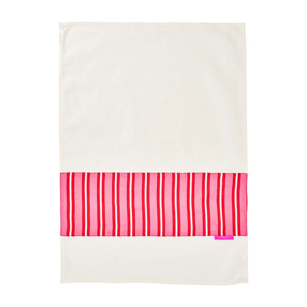 White towel with pink and red striped border on a white background