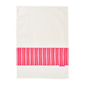 White towel with pink and red striped border on a white background