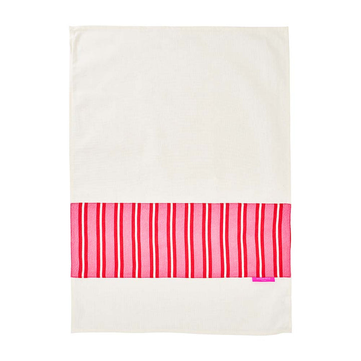 White towel with pink and red striped border on a white background