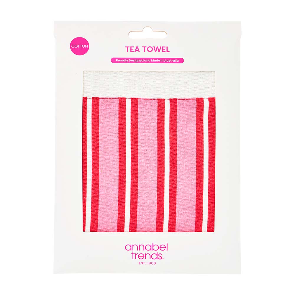 Packaged tea towel with pink and red stripes and 'annabel Trends' branding.
