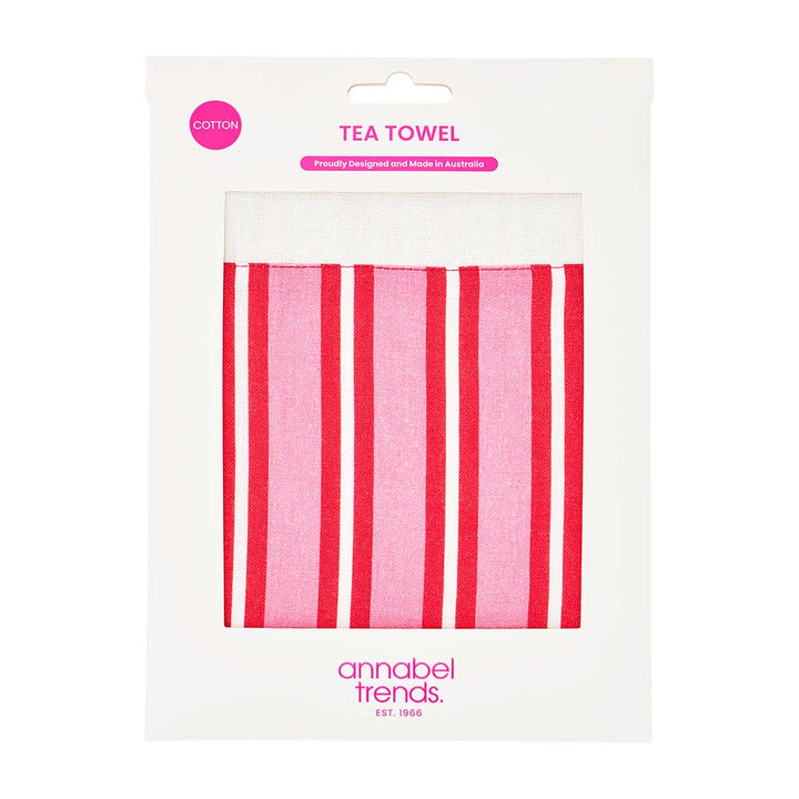 Packaged tea towel with pink and red stripes and 'annabel Trends' branding.
