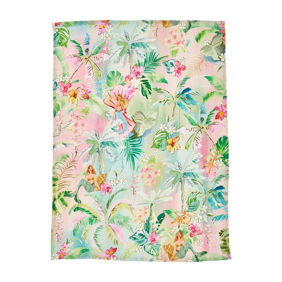 Tropical-themed tea towel with mermaids and floral patterns on a white background