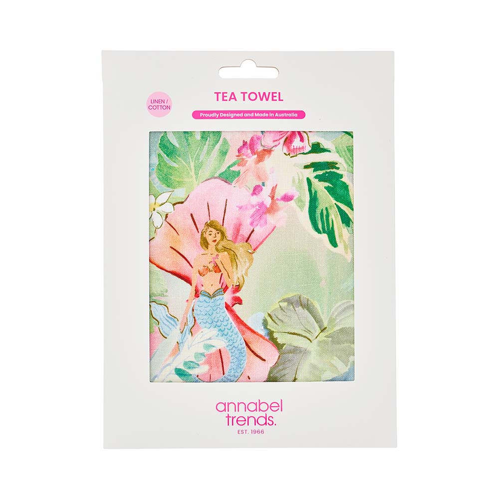 Tea towel packaging with mermaid design and 'annabel Trends' branding