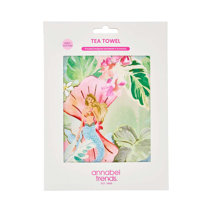 Tea towel packaging with mermaid design and 'annabel Trends' branding