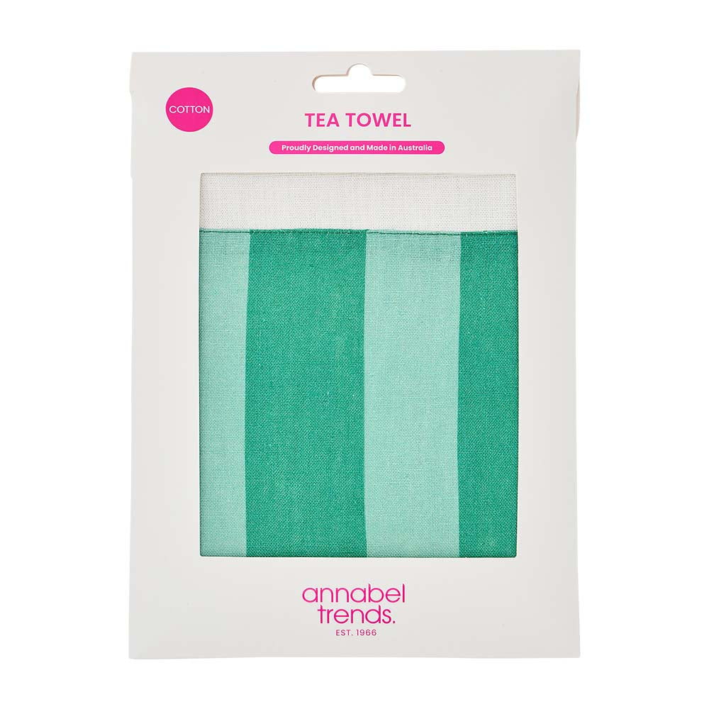 Tea towel with green stripes in packaging, featuring 'annabel Trends' branding.