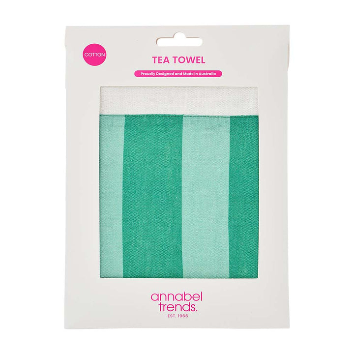 Tea towel with green stripes in packaging, featuring 'annabel Trends' branding.