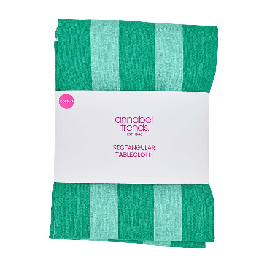 Green and white striped tablecloth with 'annabel trends' packaging on a white background