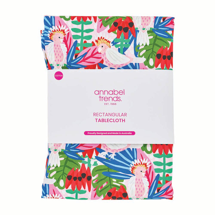 Colorful rectangular tablecloth packaging with tropical design and 'annabel Trends' branding.