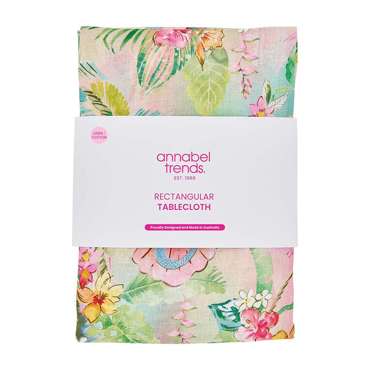 Floral rectangular tablecloth packaging with 'annabel trends' branding on a white background