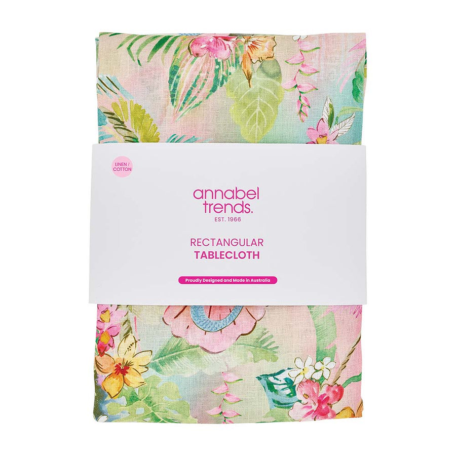 Floral rectangular tablecloth packaging with 'annabel trends' branding on a white background