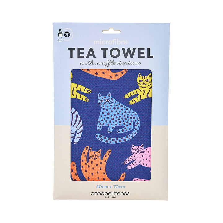 Packaged tea towel with cat pattern on a blue background