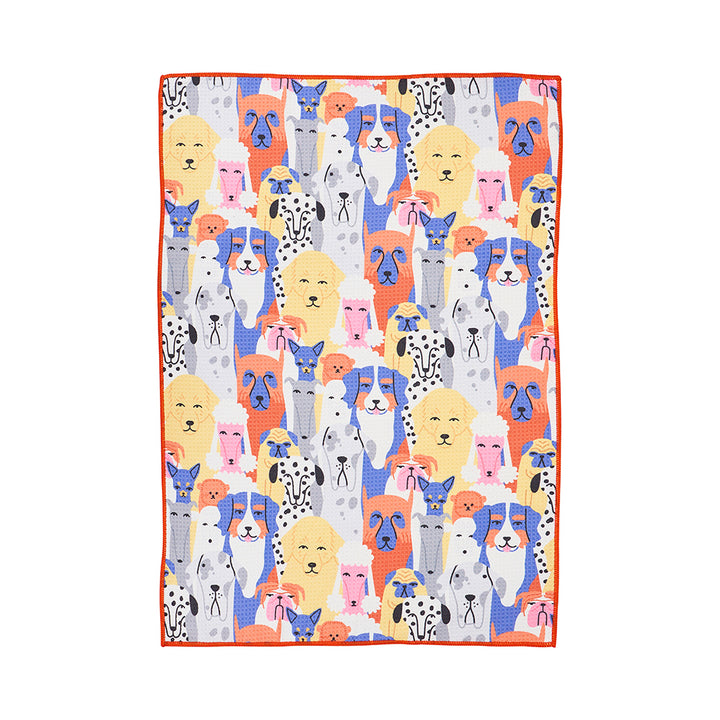 microfibre tea towel with colourful dog pattern on a white background