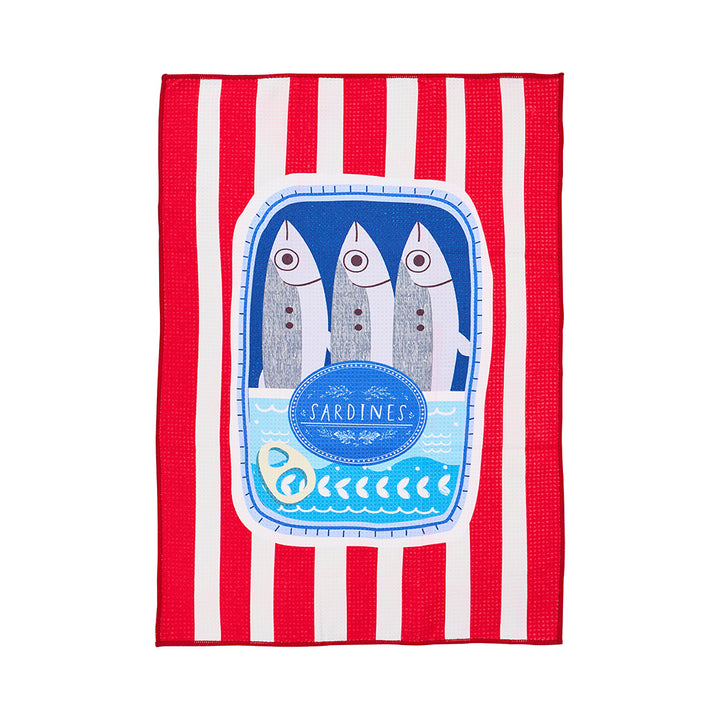 Red and white striped tea towel with a blue graphic of sardines in a can.