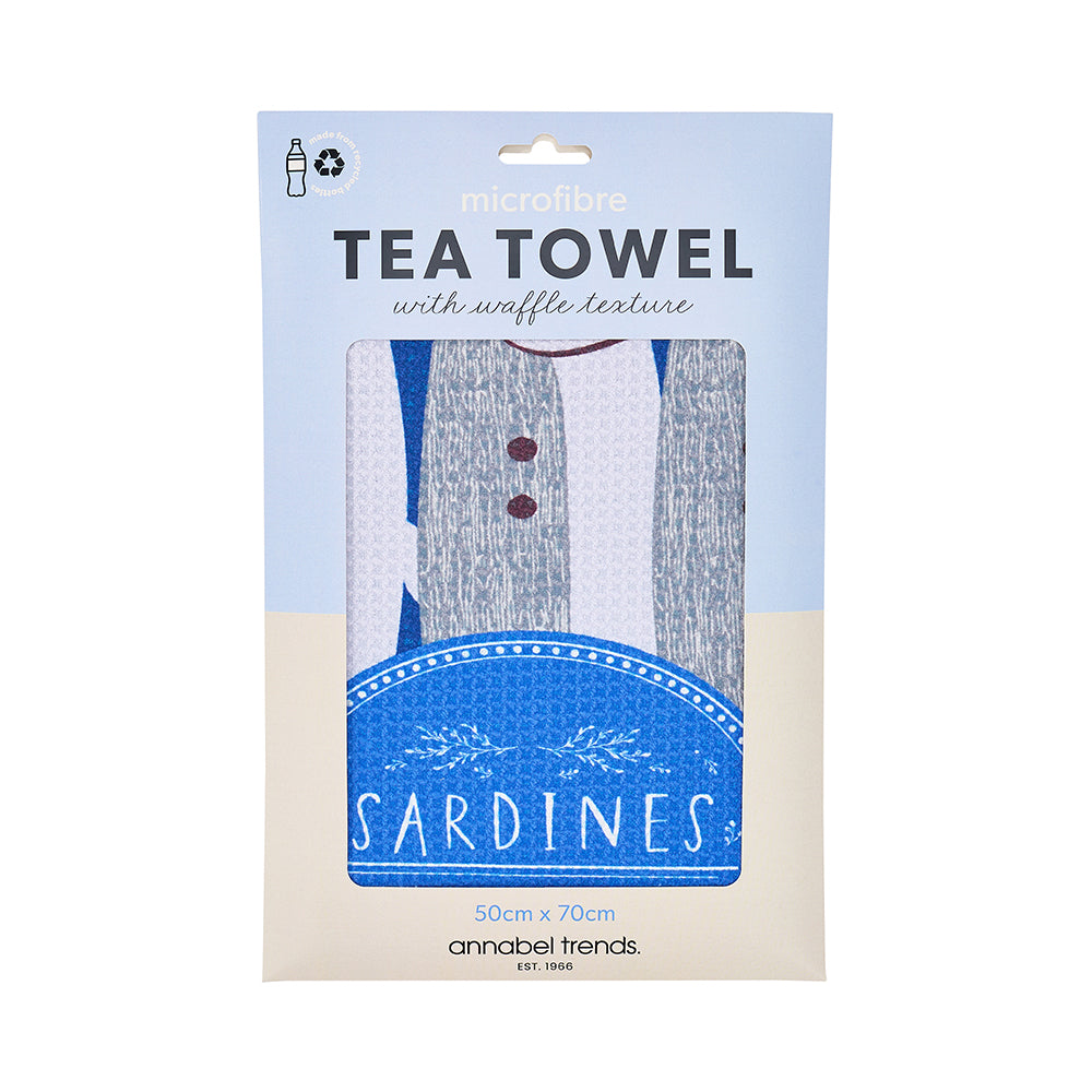 microfibre tea towel in packaging with sardine print