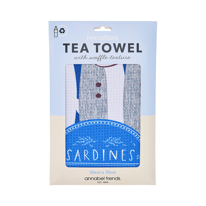 microfibre tea towel in packaging with sardine print