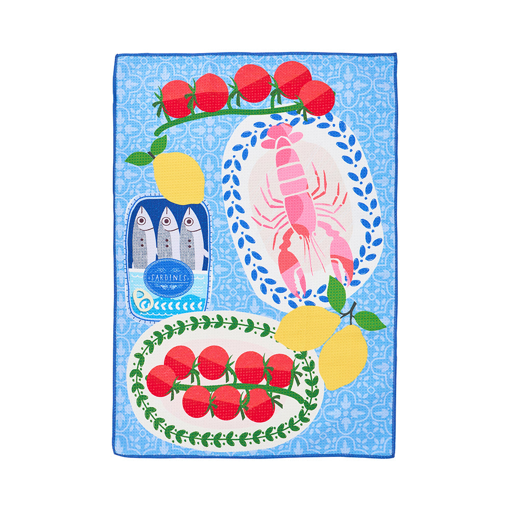 microfibre tea towel in with taste of Sicily print with lobster, sardines, tomatoes and lemons