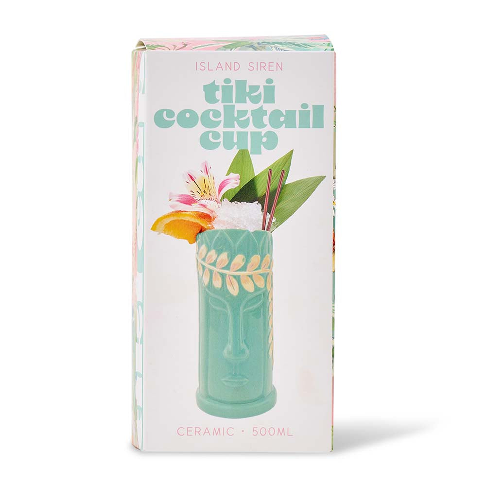 Box packaging of a tiki cocktail cup with a tropical drink illustration on a white background