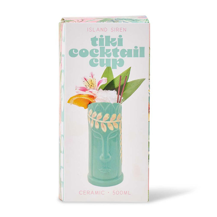 Box packaging of a tiki cocktail cup with a tropical drink illustration on a white background