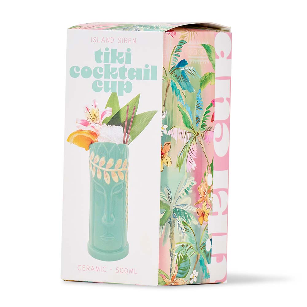 Tiki cocktail cup packaging with tropical design and product illustration on a white background