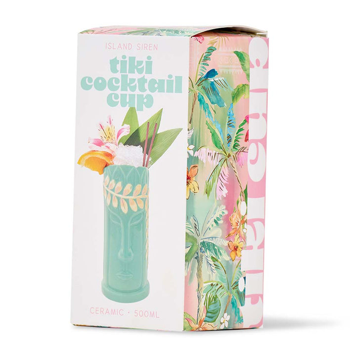 Tiki cocktail cup packaging with tropical design and product illustration on a white background