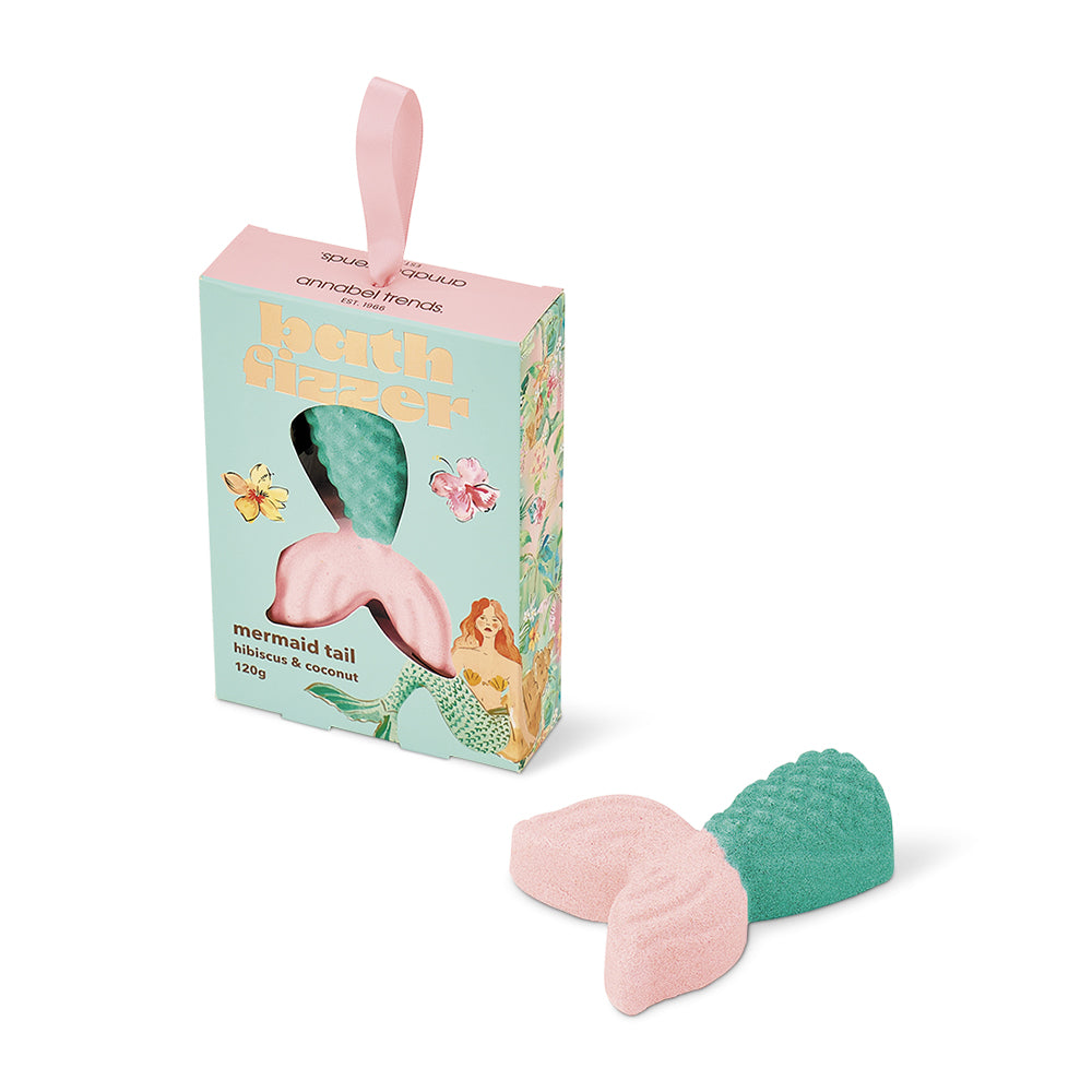 Mermaid tail bath fizzer with packaging on a white background