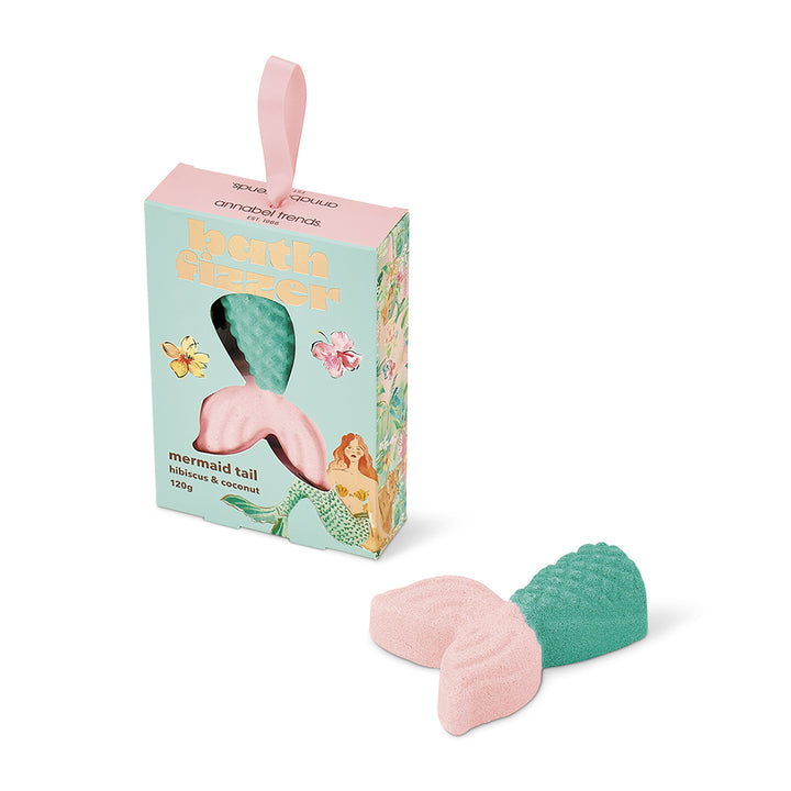 Mermaid tail bath fizzer with packaging on a white background