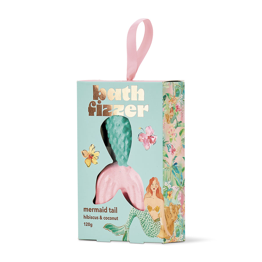 Bath fizzer packaging with mermaid tail design on a white background