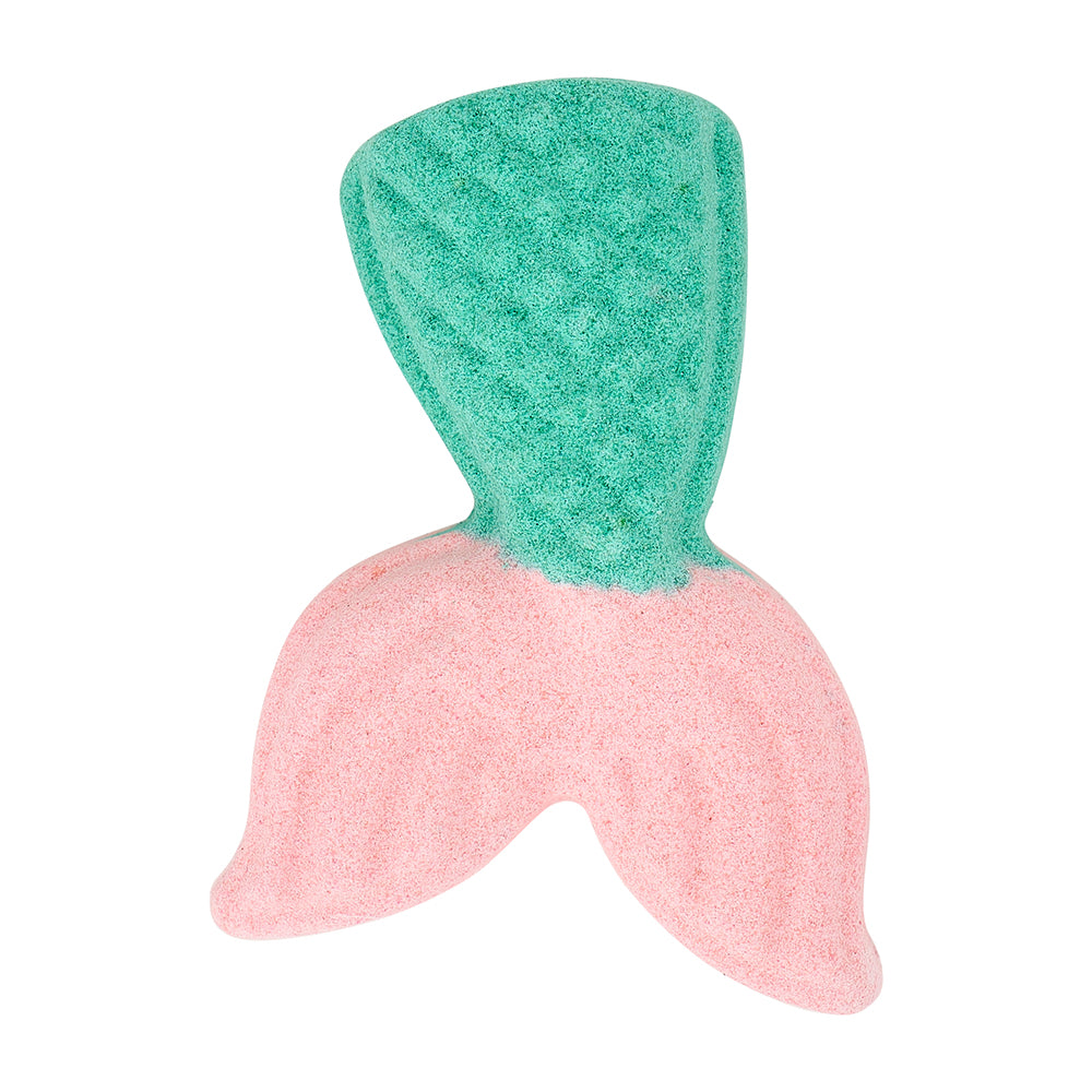 Green and pink mermaid shaped bath fizzer on a white background