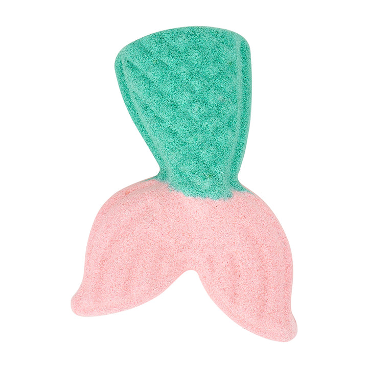 Green and pink mermaid shaped bath fizzer on a white background