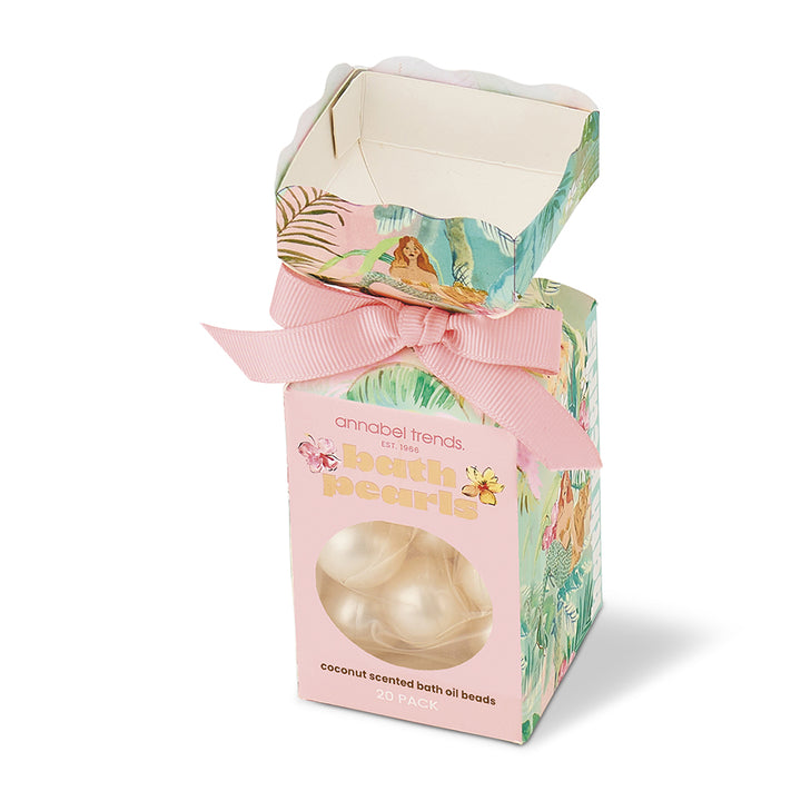 Packaged coconut scented bath oil beads with a decorative box on a white background