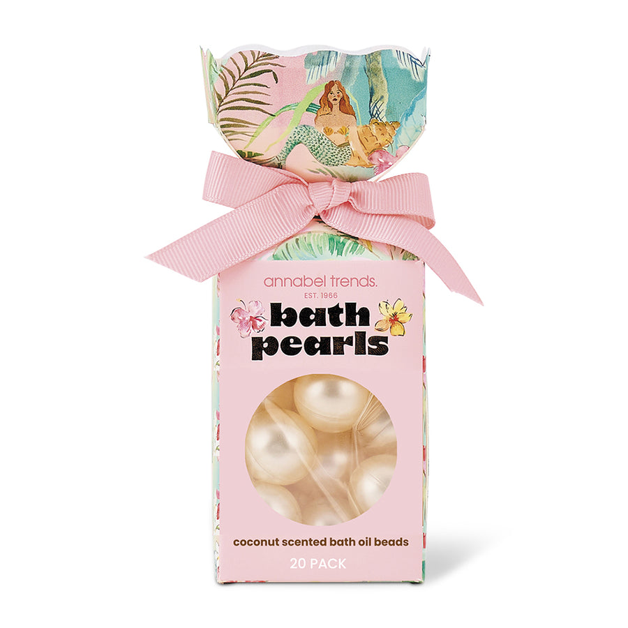 Pack of coconut scented bath oil beads with a decorative bow on a white background