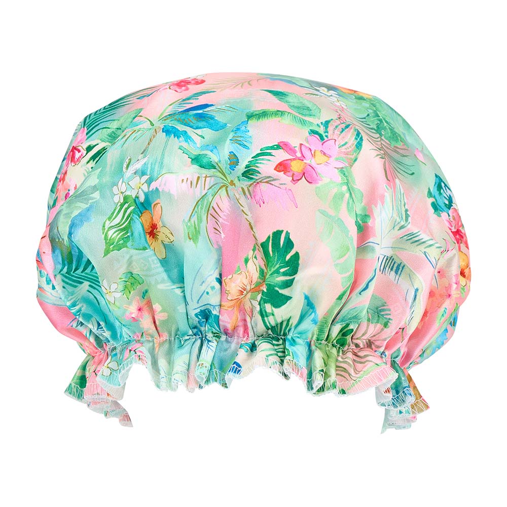 Tropical floral shower cap on a white background
