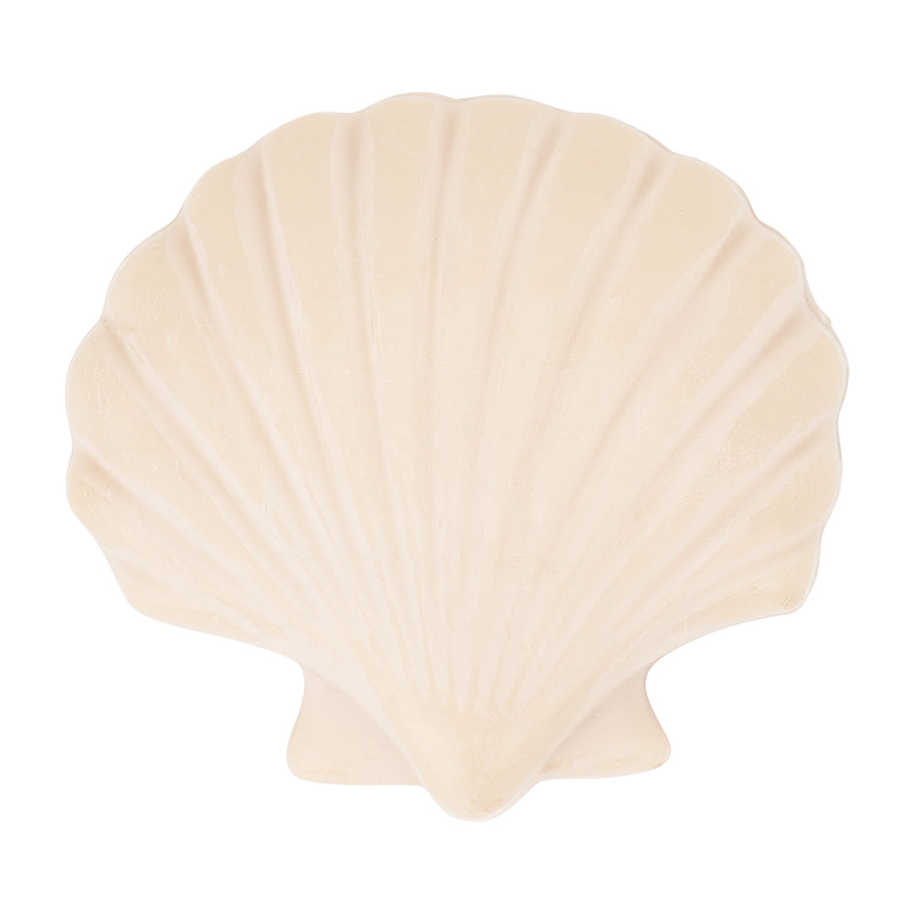 Beige scallop shell soap on a white background