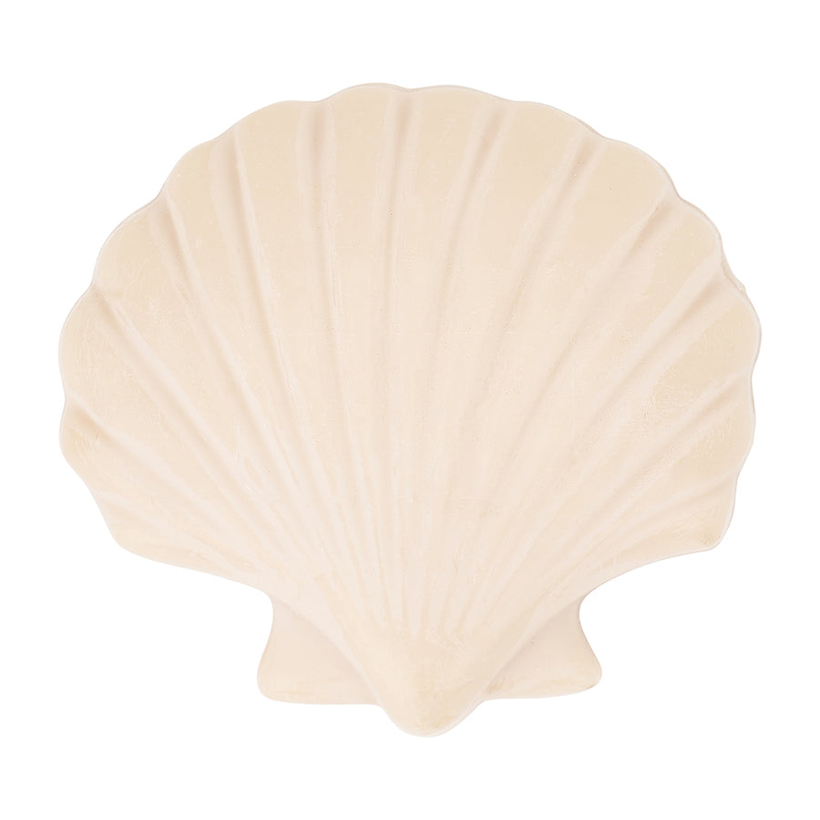 Beige scallop shell soap on a white background