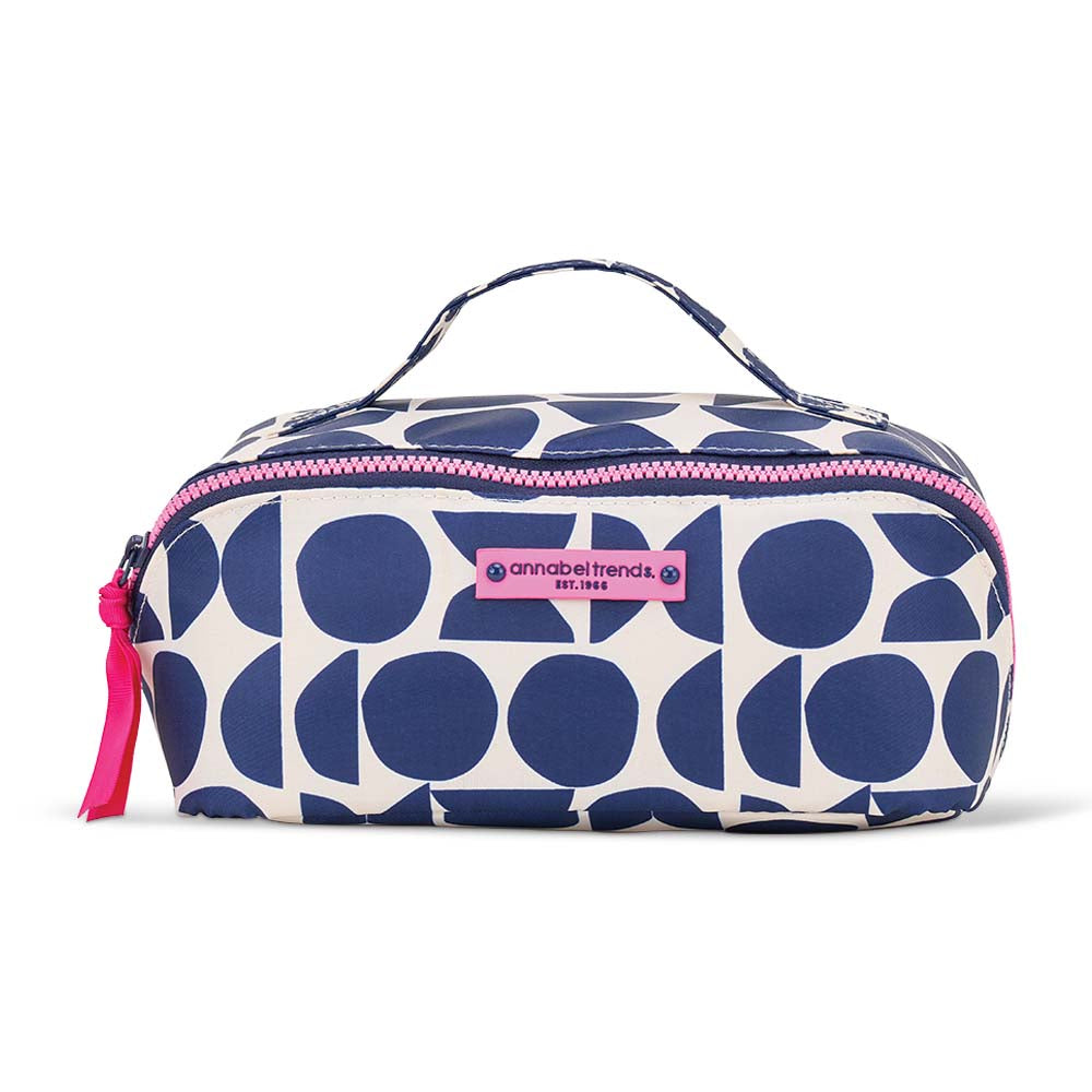 Pencil case with blue and white pattern and pink accents on a white background